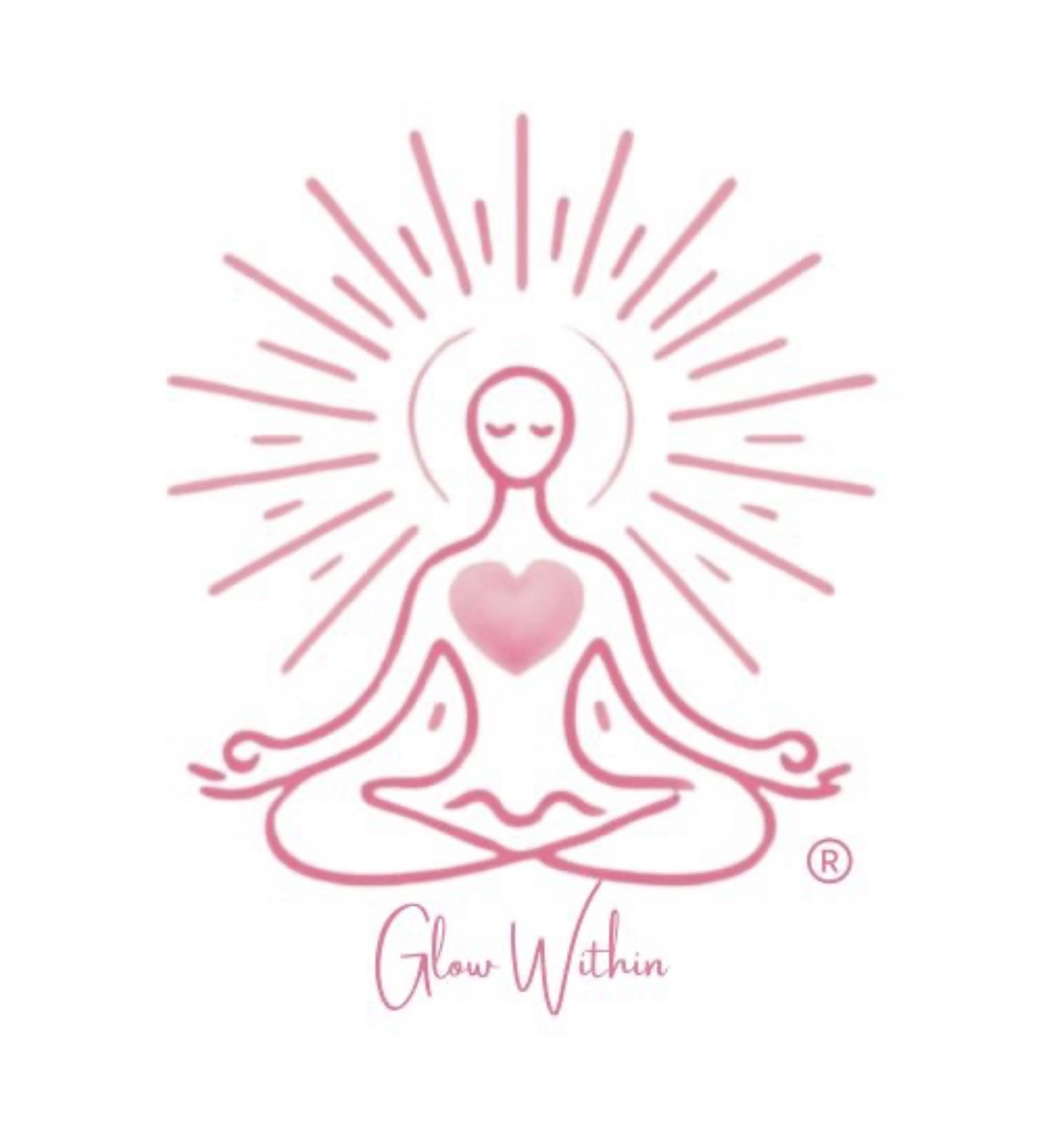 Glow Within logo is a line drawing of a figure seated in meditation with a large heart in their chest and a sunbeam style glow around the figure.